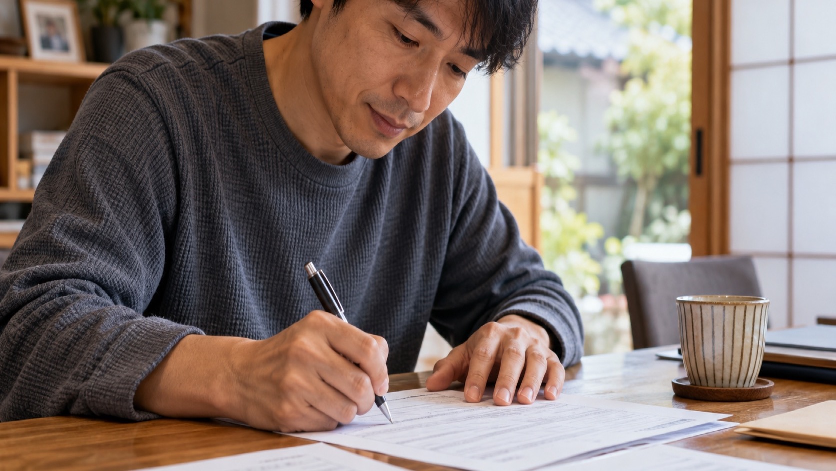 傷病手当金の申請書類に記入する手元