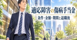 会社のビルを背に、前を向いて歩き出す40代の日本人男性のイメージ