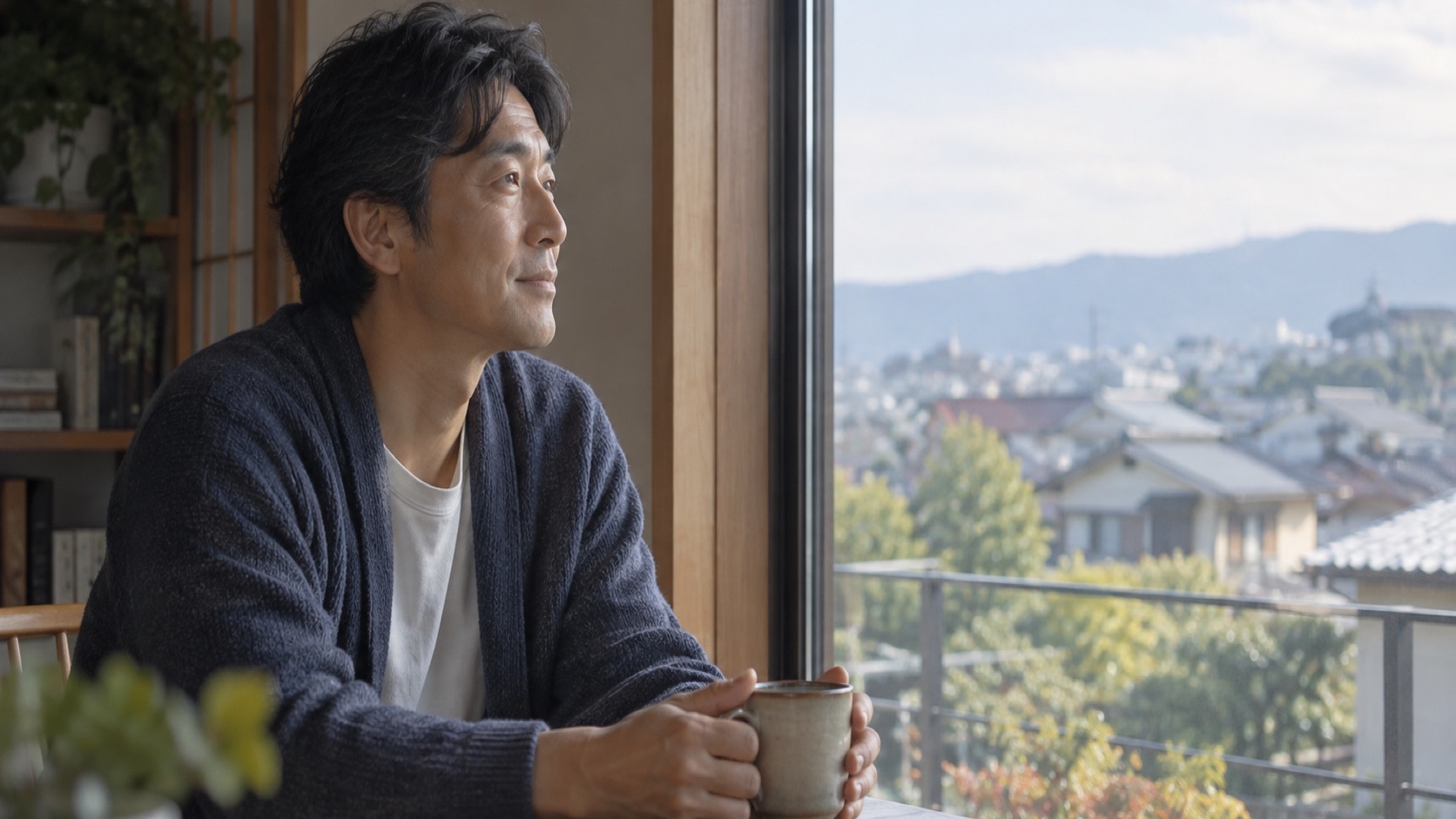 自宅の窓辺で静かに外を見る40代の日本人男性