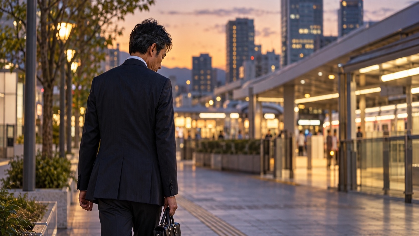 面接の帰り道に考え込む日本人男性