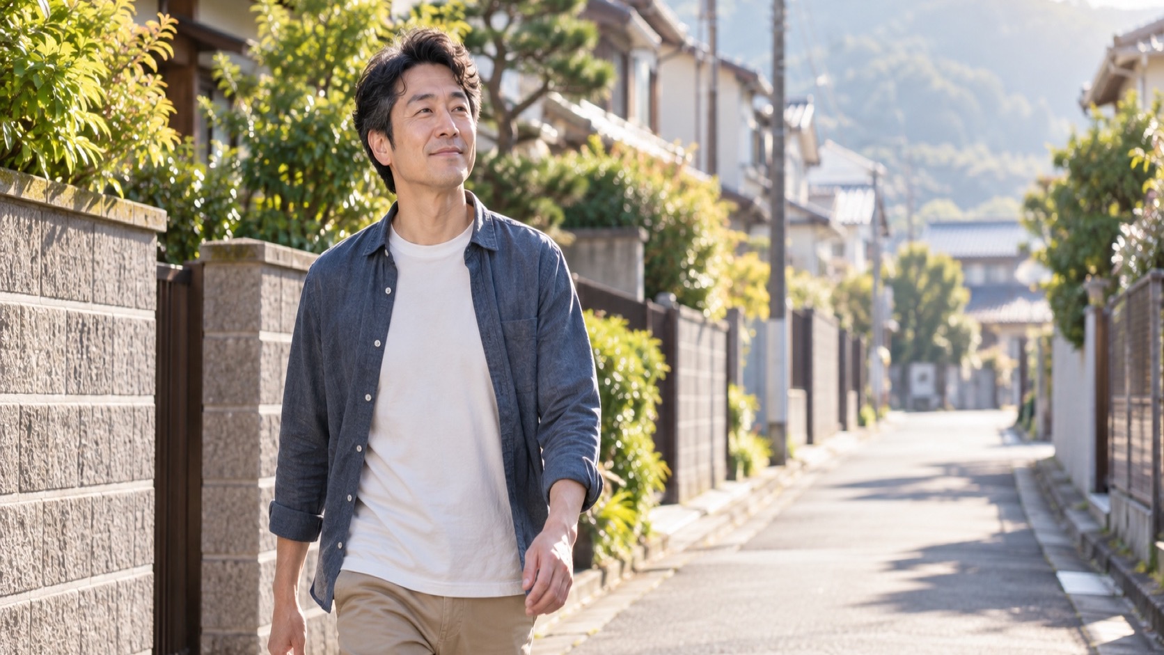 朝の散歩をする日本人男性